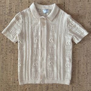 Cream cotton knit short sleeve sweater shirt